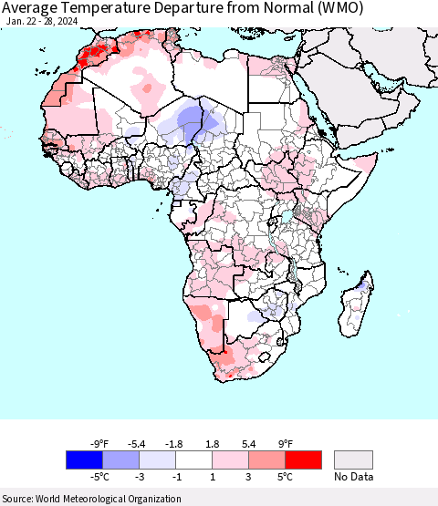 Africa Average Temperature Departure from Normal (WMO) Thematic Map For 1/22/2024 - 1/28/2024