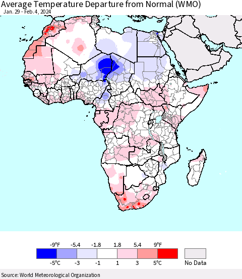 Africa Average Temperature Departure from Normal (WMO) Thematic Map For 1/29/2024 - 2/4/2024
