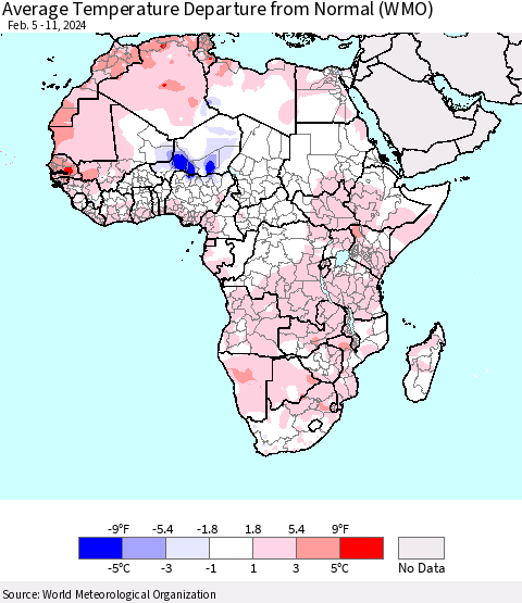Africa Average Temperature Departure from Normal (WMO) Thematic Map For 2/5/2024 - 2/11/2024