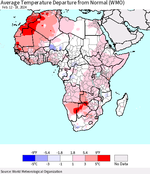 Africa Average Temperature Departure from Normal (WMO) Thematic Map For 2/12/2024 - 2/18/2024