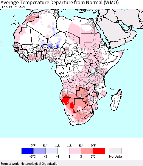 Africa Average Temperature Departure from Normal (WMO) Thematic Map For 2/19/2024 - 2/25/2024