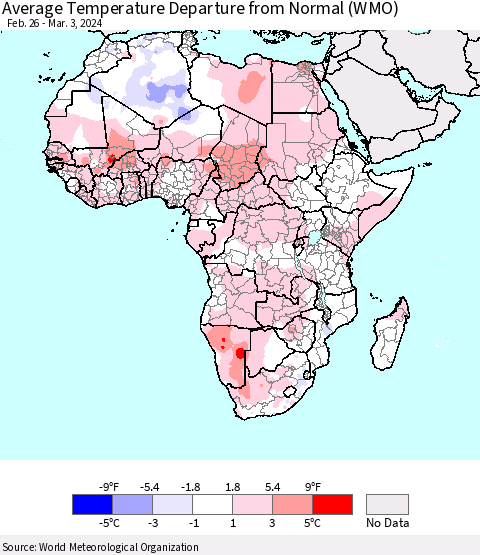 Africa Average Temperature Departure from Normal (WMO) Thematic Map For 2/26/2024 - 3/3/2024