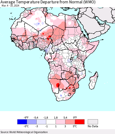 Africa Average Temperature Departure from Normal (WMO) Thematic Map For 3/4/2024 - 3/10/2024