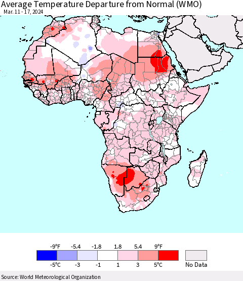 Africa Average Temperature Departure from Normal (WMO) Thematic Map For 3/11/2024 - 3/17/2024