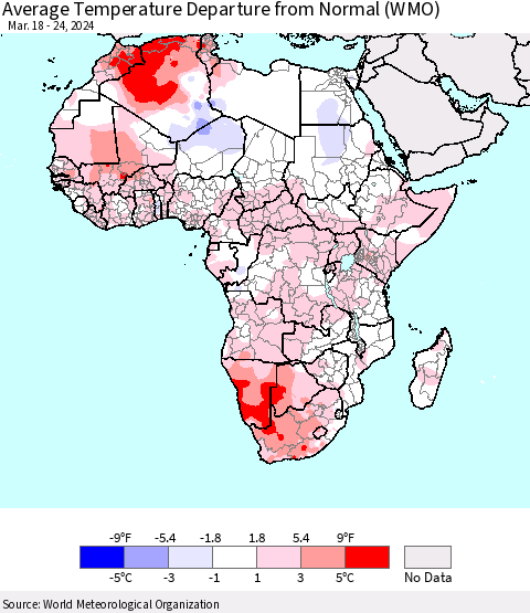 Africa Average Temperature Departure from Normal (WMO) Thematic Map For 3/18/2024 - 3/24/2024