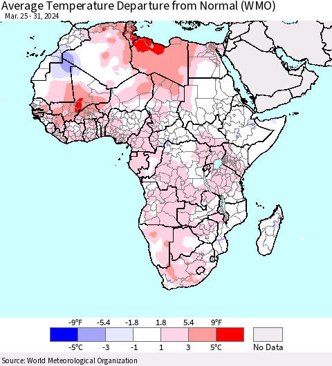Africa Average Temperature Departure from Normal (WMO) Thematic Map For 3/25/2024 - 3/31/2024