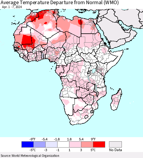 Africa Average Temperature Departure from Normal (WMO) Thematic Map For 4/1/2024 - 4/7/2024