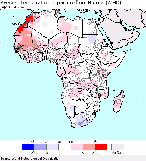 Africa Average Temperature Departure from Normal (WMO) Thematic Map For 4/8/2024 - 4/14/2024