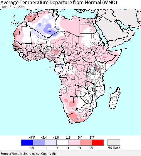 Africa Average Temperature Departure from Normal (WMO) Thematic Map For 4/15/2024 - 4/21/2024