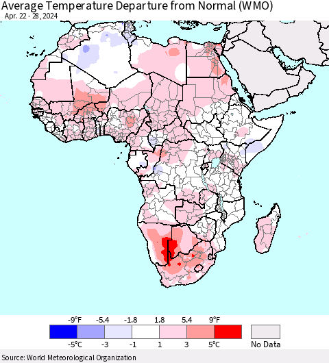 Africa Average Temperature Departure from Normal (WMO) Thematic Map For 4/22/2024 - 4/28/2024