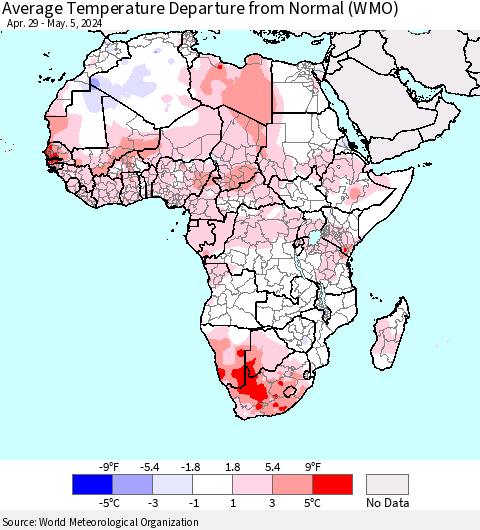 Africa Average Temperature Departure from Normal (WMO) Thematic Map For 4/29/2024 - 5/5/2024