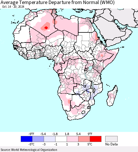 Africa Average Temperature Departure from Normal (WMO) Thematic Map For 10/14/2024 - 10/20/2024