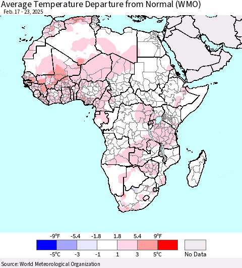 Africa Average Temperature Departure from Normal (WMO) Thematic Map For 2/17/2025 - 2/23/2025