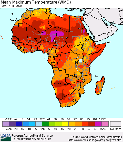 Africa Maximum Temperature (WMO) Thematic Map For 10/12/2020 - 10/18/2020