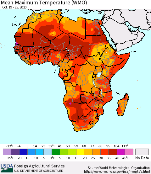 Africa Maximum Temperature (WMO) Thematic Map For 10/19/2020 - 10/25/2020