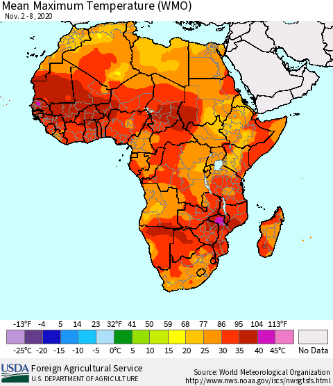 Africa Maximum Temperature (WMO) Thematic Map For 11/2/2020 - 11/8/2020