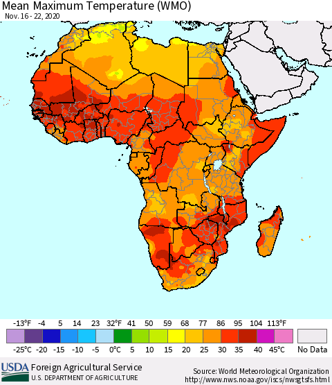 Africa Maximum Temperature (WMO) Thematic Map For 11/16/2020 - 11/22/2020