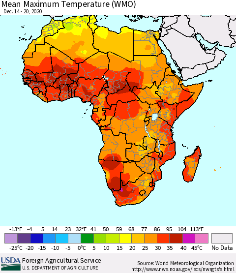 Africa Maximum Temperature (WMO) Thematic Map For 12/14/2020 - 12/20/2020