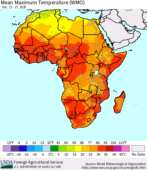 Africa Maximum Temperature (WMO) Thematic Map For 12/21/2020 - 12/27/2020