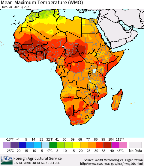 Africa Maximum Temperature (WMO) Thematic Map For 12/28/2020 - 1/3/2021