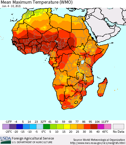 Africa Maximum Temperature (WMO) Thematic Map For 1/4/2021 - 1/10/2021