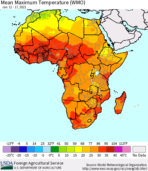 Africa Maximum Temperature (WMO) Thematic Map For 1/11/2021 - 1/17/2021
