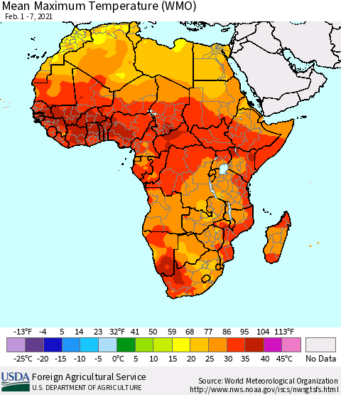 Africa Maximum Temperature (WMO) Thematic Map For 2/1/2021 - 2/7/2021