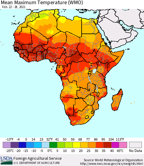 Africa Maximum Temperature (WMO) Thematic Map For 2/22/2021 - 2/28/2021
