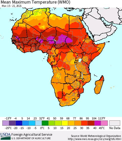 Africa Maximum Temperature (WMO) Thematic Map For 3/15/2021 - 3/21/2021