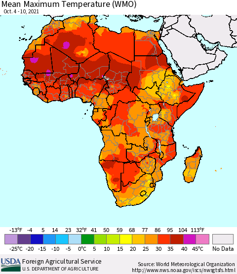 Africa Maximum Temperature (WMO) Thematic Map For 10/4/2021 - 10/10/2021
