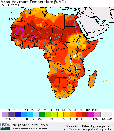 Africa Maximum Temperature (WMO) Thematic Map For 10/11/2021 - 10/17/2021