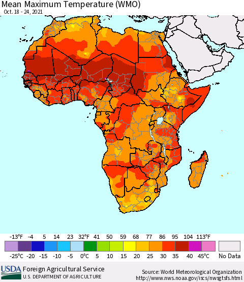 Africa Maximum Temperature (WMO) Thematic Map For 10/18/2021 - 10/24/2021