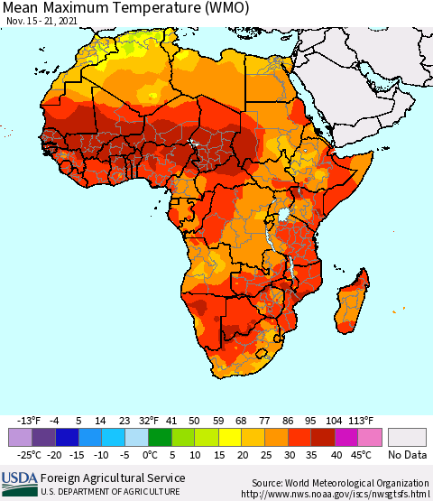 Africa Maximum Temperature (WMO) Thematic Map For 11/15/2021 - 11/21/2021