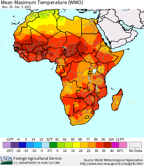 Africa Maximum Temperature (WMO) Thematic Map For 11/29/2021 - 12/5/2021
