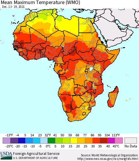 Africa Maximum Temperature (WMO) Thematic Map For 12/13/2021 - 12/19/2021