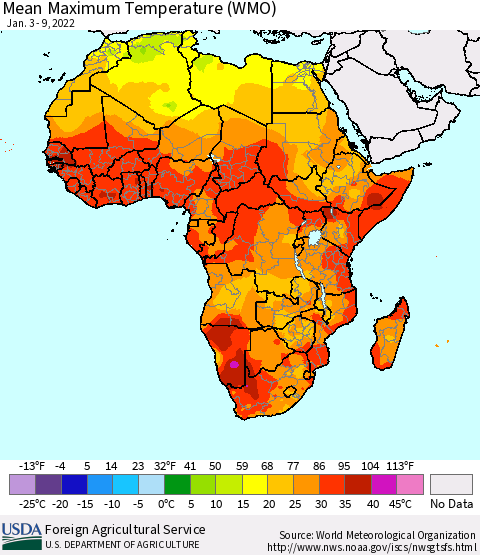 Africa Maximum Temperature (WMO) Thematic Map For 1/3/2022 - 1/9/2022