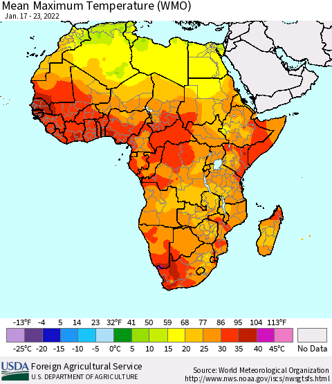 Africa Maximum Temperature (WMO) Thematic Map For 1/17/2022 - 1/23/2022