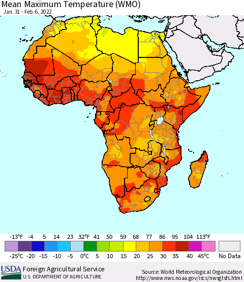Africa Maximum Temperature (WMO) Thematic Map For 1/31/2022 - 2/6/2022