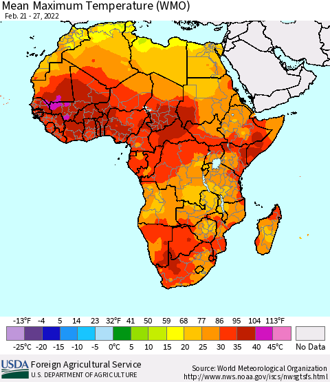 Africa Maximum Temperature (WMO) Thematic Map For 2/21/2022 - 2/27/2022