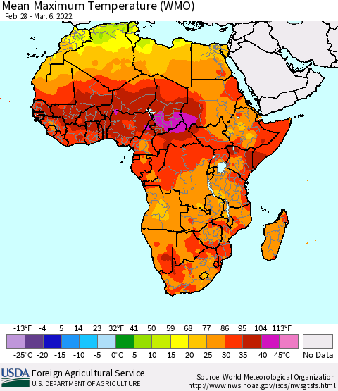 Africa Maximum Temperature (WMO) Thematic Map For 2/28/2022 - 3/6/2022