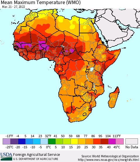 Africa Maximum Temperature (WMO) Thematic Map For 3/21/2022 - 3/27/2022