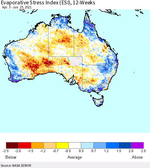 Australia Evaporative Stress Index (ESI), 12-Weeks Thematic Map For 6/21/2021 - 6/27/2021