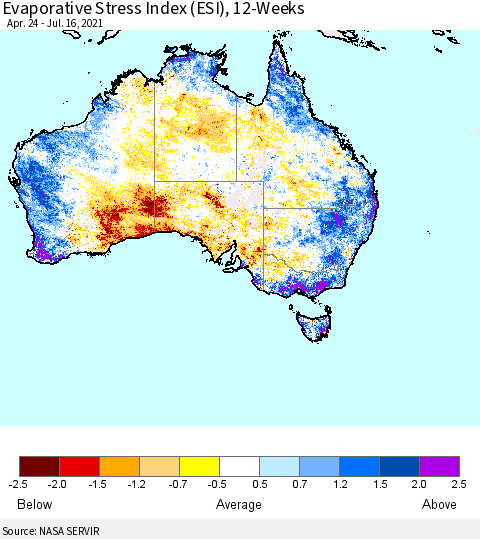 Australia Evaporative Stress Index (ESI), 12-Weeks Thematic Map For 7/12/2021 - 7/18/2021