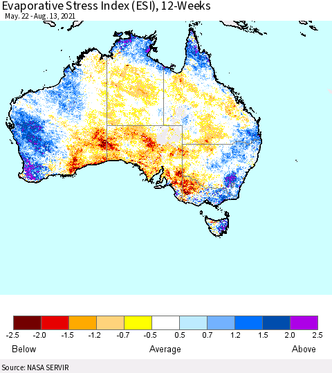 Australia Evaporative Stress Index (ESI), 12-Weeks Thematic Map For 8/9/2021 - 8/15/2021