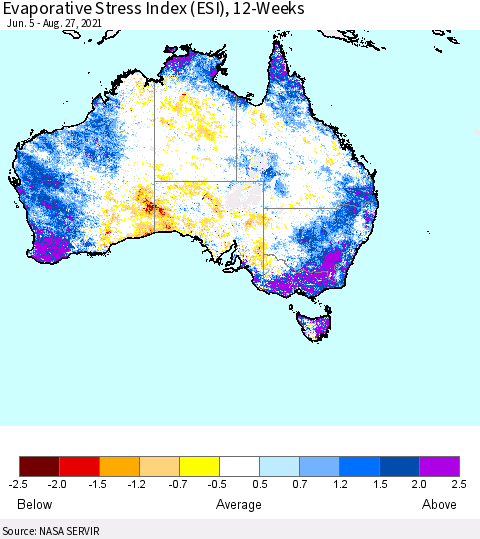 Australia Evaporative Stress Index (ESI), 12-Weeks Thematic Map For 8/23/2021 - 8/29/2021