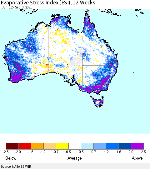 Australia Evaporative Stress Index (ESI), 12-Weeks Thematic Map For 8/30/2021 - 9/5/2021