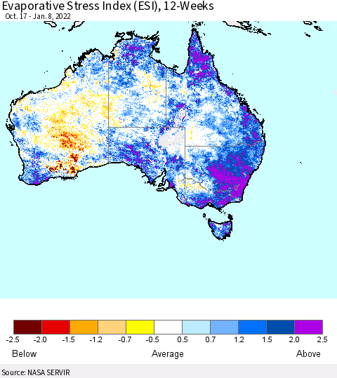 Australia Evaporative Stress Index (ESI), 12-Weeks Thematic Map For 1/3/2022 - 1/9/2022