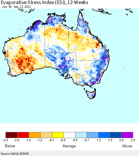 Australia Evaporative Stress Index (ESI), 12-Weeks Thematic Map For 4/18/2022 - 4/24/2022
