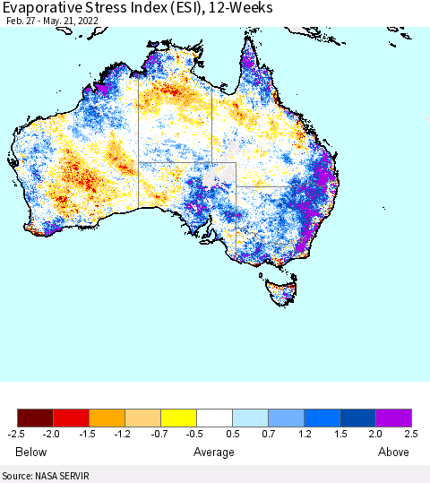 Australia Evaporative Stress Index (ESI), 12-Weeks Thematic Map For 5/16/2022 - 5/22/2022