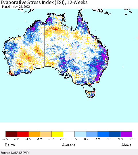 Australia Evaporative Stress Index (ESI), 12-Weeks Thematic Map For 5/23/2022 - 5/29/2022